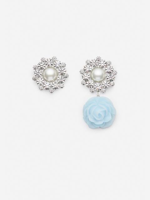 Pearl and crystal cluster earrings with blue rose drop