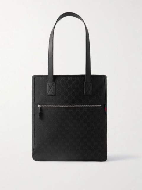 Neo Leather and Grosgrain-Trimmed Monogrammed Cotton-Canvas Tote Bag Black