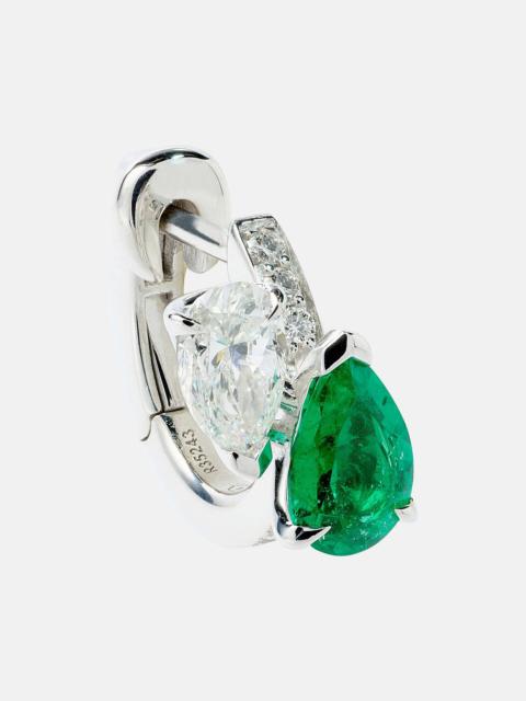 Serti Sur Vide 18kt white gold single earring with diamonds and emerald