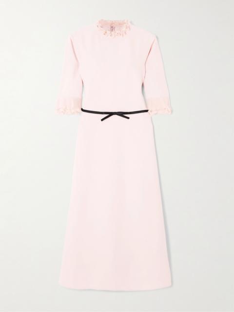 Belted plissé chiffon-trimmed crepe midi dress Pink