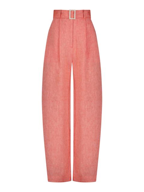 Pleated Linen Barrel-Leg Pants coral