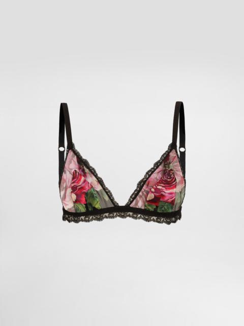 Rose-print satin and tulle triangle bra