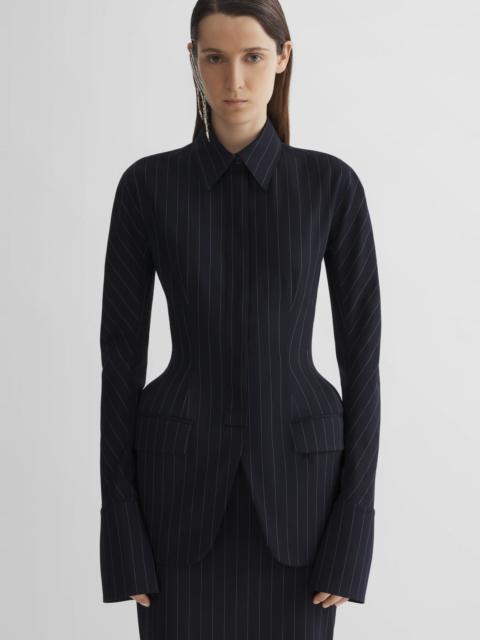 navy pinstripe hourglass shirt jacket