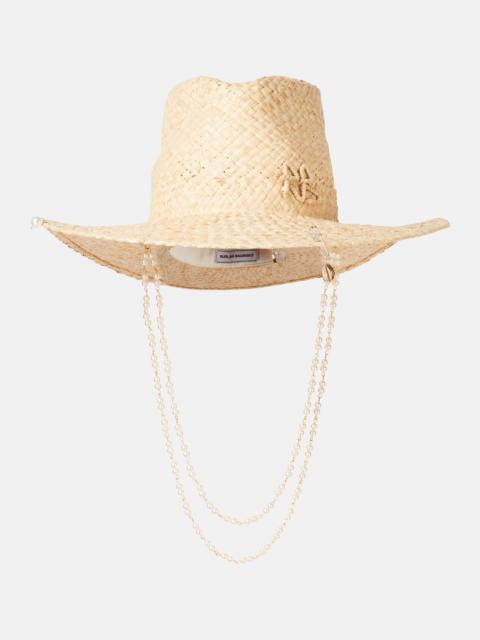 Logo faux pearl-embellished straw fedora