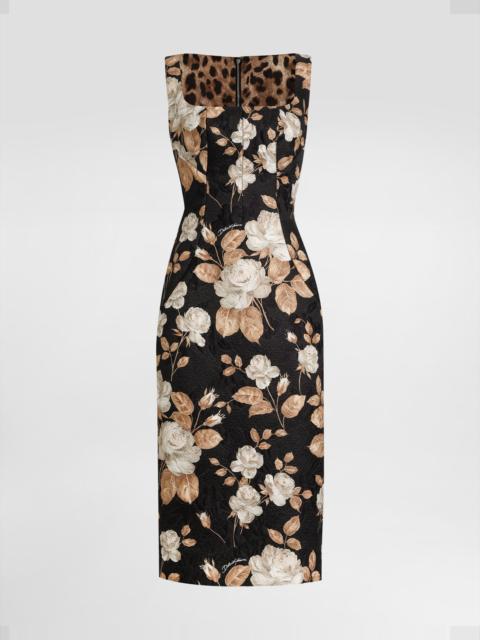Rose-print brocade dress