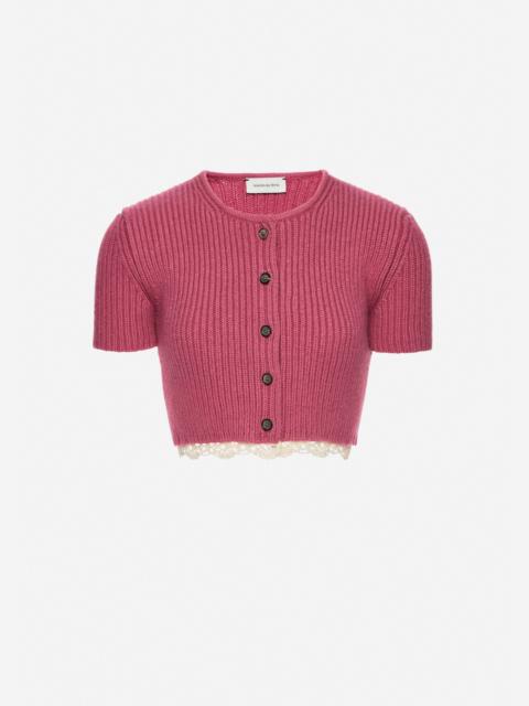 Short-sleeve crochet-trim cropped cardigan in pink