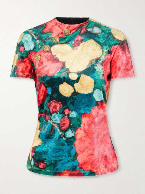 Embellished Floral-print Velvet T-shirt