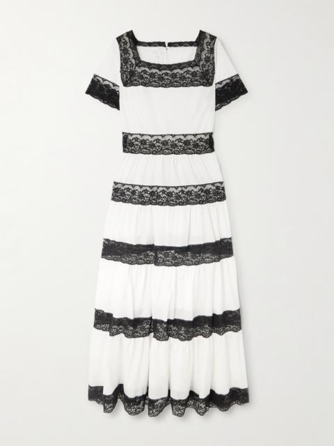 Tiered Lace-trimmed Cotton-poplin Midi Dress