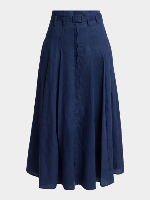 Dugald Pleated Linen Belted Midi Skirt