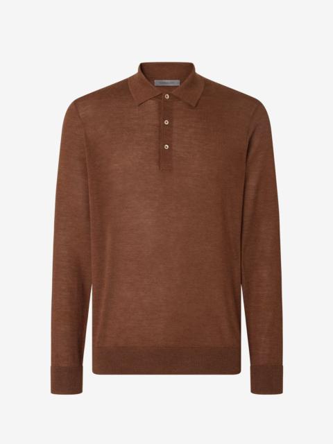 Brown ultra fine silk and cashmere button-up polo shirt