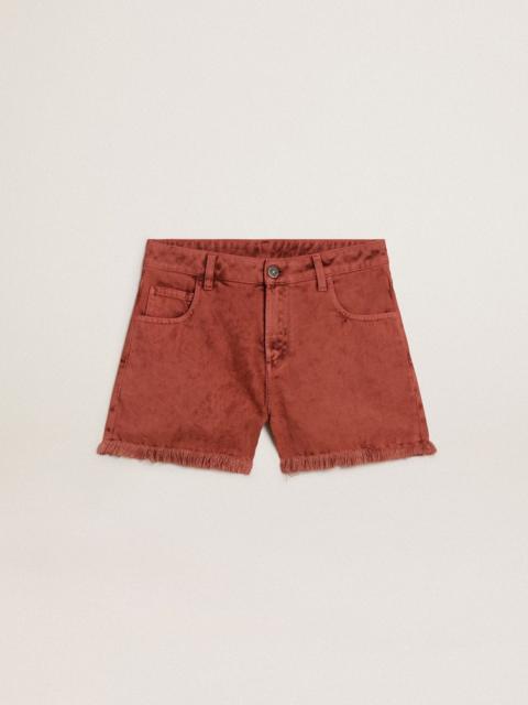 Women's shorts in brick-red denim with Golden Mediterraneo embroidery