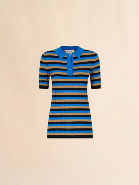 BROWN AND BLUE STRIPED WOOL POLO SHIRT