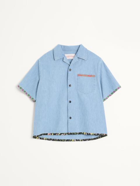 DENIM BOWLING SHIRT WITH FLORAL PRINT TRIM