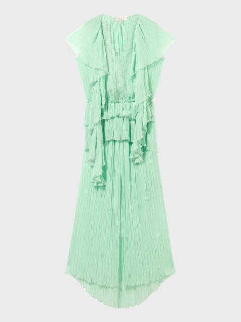 LONG PLEATED GEORGETTE DRESS WITH LACE INSERT