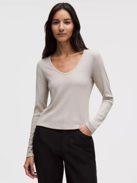 Hold Tight Micro-Rib V-Neck Long-Sleeve Shirt