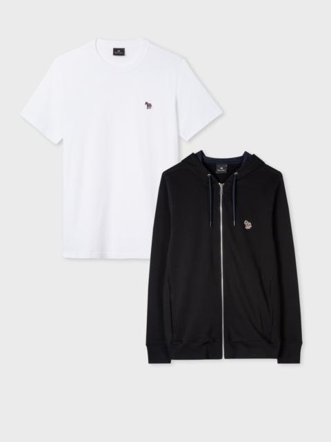 Black Cotton Zip-Front Hoodie & White T-Shirt Zebra Set