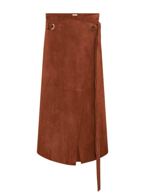 Idalia Wrap Midi Skirt in Cognac Suede