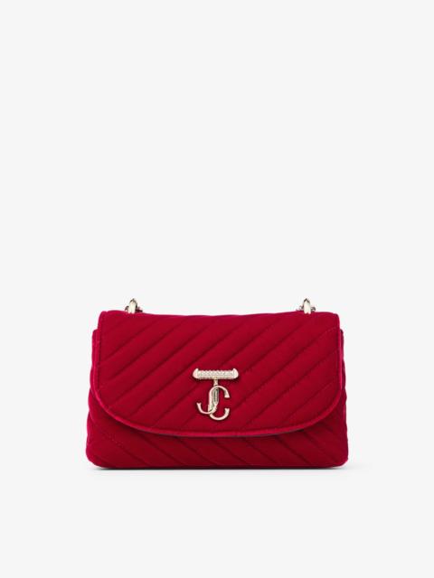 Curve Cross Body Small
Ruby Red Quilted Velvet Crossbody Bag with Crystal JC Bar