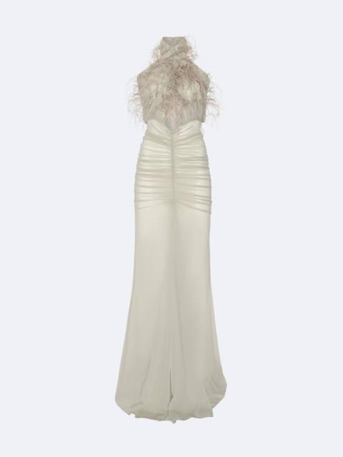 Mesh Sleeveless Halter Ruched Gown With Feather Embroidery
