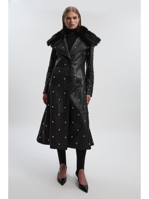 Leather & Shearling Collar Studded Belted Maxi Coat