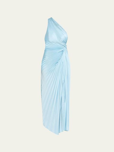 Lara Pleated One-Shoulder Satin Midi Dress