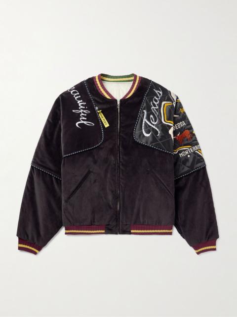 Embroidered Quilted Shell-Trimmed Cotton-Velvet Bomber Jacket Black