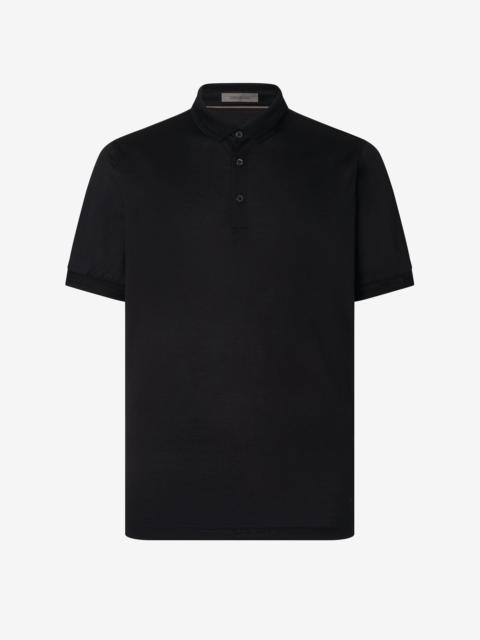 Black button-up polo shirt in lisle cotton