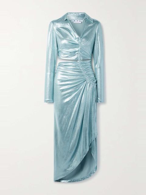 Cutout ruched stretch-lamé midi dress