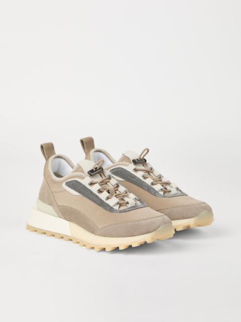 Techno fabric and suede runners with precious trim