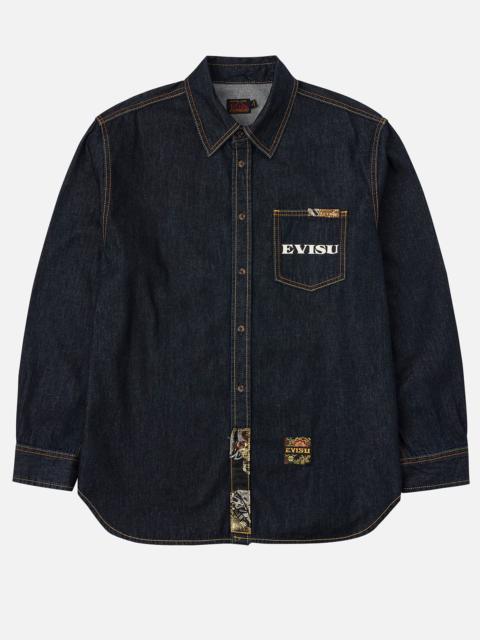 Multi-pocket and Barcode Seagull Embroidery Regular Fit Denim Shirt