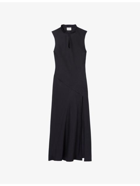 Sleeveless Frill-Neck Woven Midi Dress