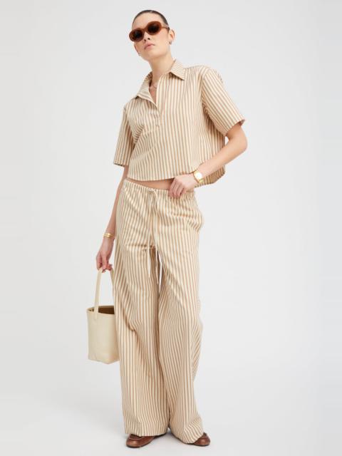 CAMEL STRIPE LINEN DRAWSTRING PANTS