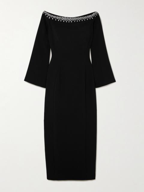 Off-the-shoulder Embellished Cady Midi Dress