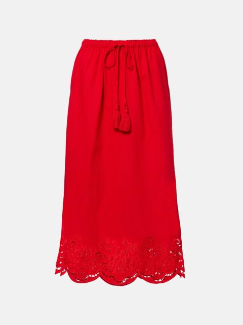 Broderie anglaise linen-blend midi skirt