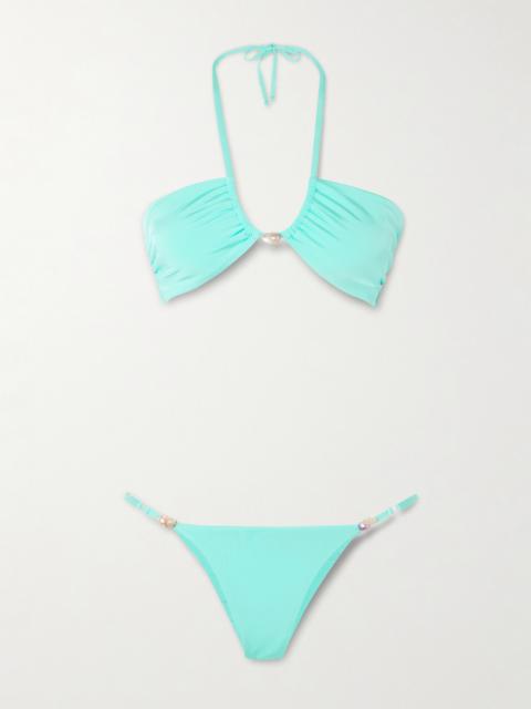 Bahia Pearl-embellished Stretch-econyl Halterneck Bikini