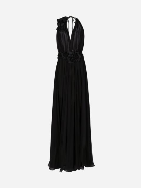 Long silk chiffon dress with floral appliqué