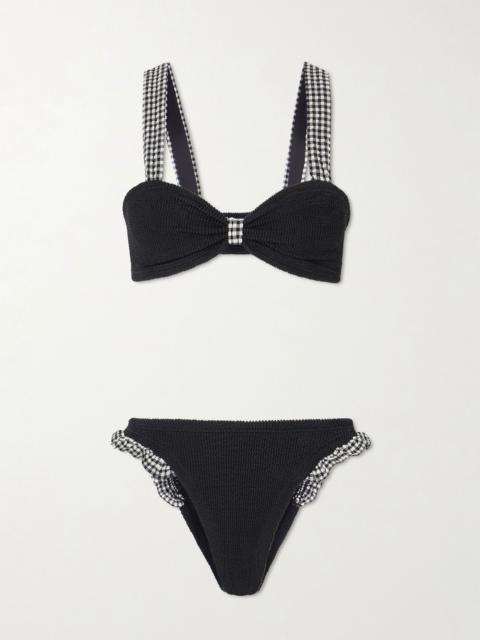Loretta ruffled gingham-trimmed seersucker bikini Black