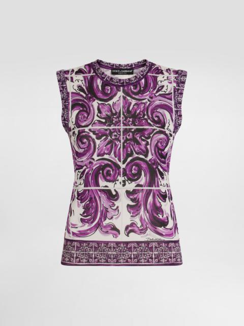 Majolica-print silk tank top