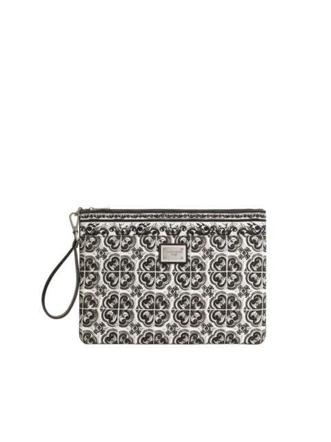 graphic-print leather clutch bag