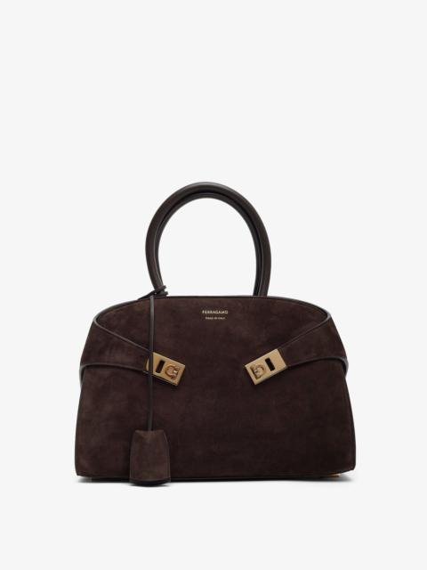 Hug small brown suede top handle bag
