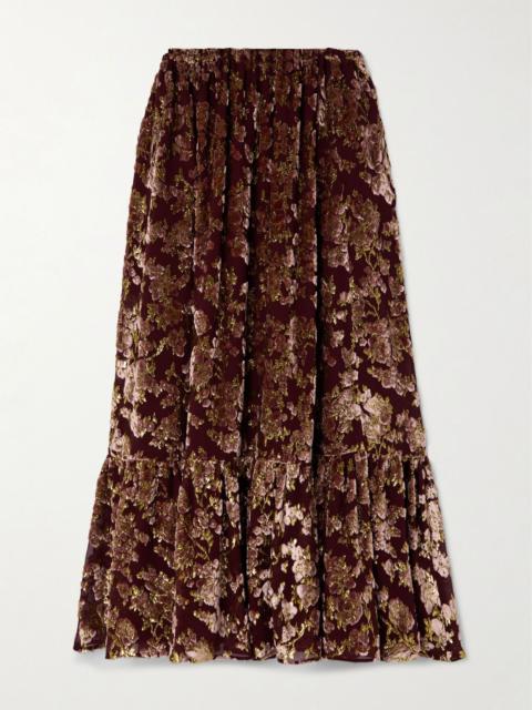 Tiered metallic devoré-velvet maxi skirt Burgundy