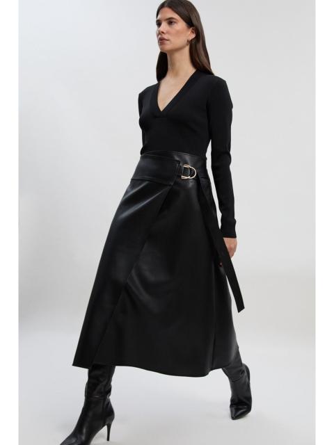 Figure Form Pu Mix Tab Detail Pleated Knit Midi Dress