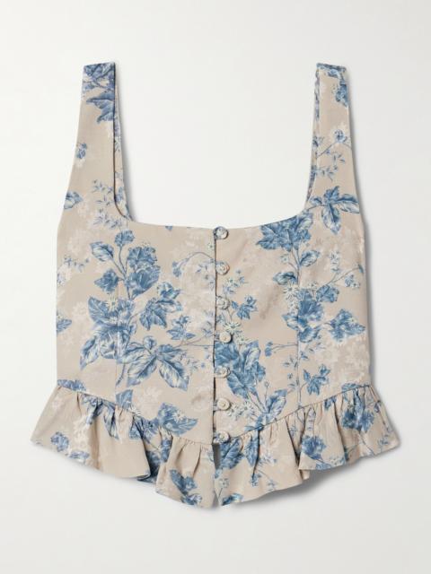Eslabon Bougainvillea Cropped Ruffled Floral-print Satin-jacquard Top