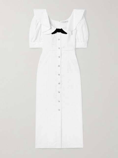 Velvet-trimmed Ruffled Cotton-poplin Midi Dress