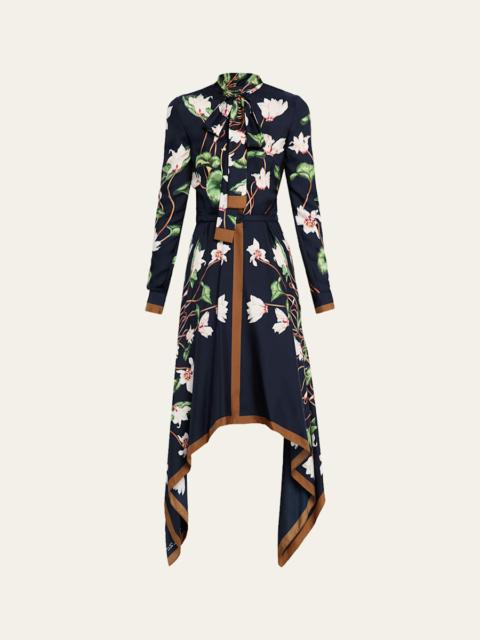 Long-Sleeve Chine Cyclamen Silk Twill Handkerchief Dress