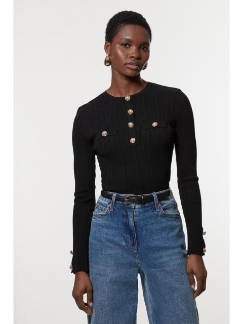 Military Trim Rib Long Sleeve Knit Top