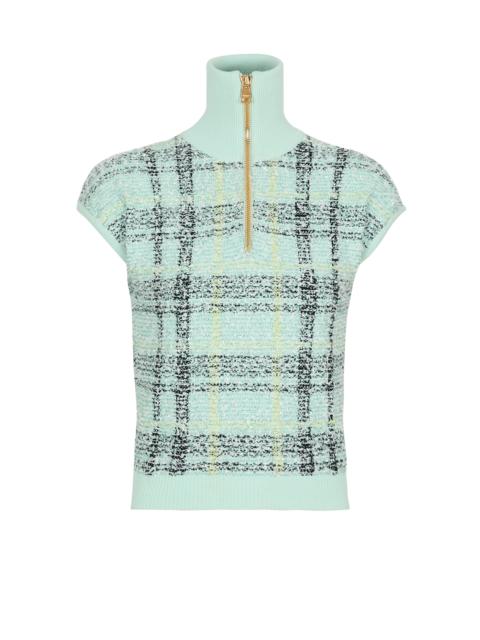 Sleeveless plaid tweed top