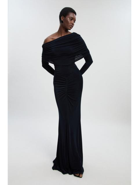 Drapey Crepe Off The Shoulder Ruched Detail Fishtail Maxi Dress