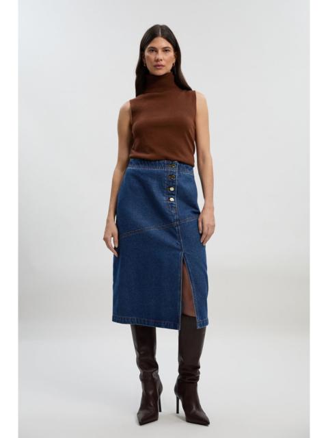 Denim Asymmetric Button Front A line Skirt