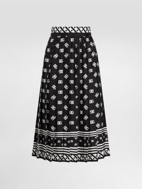 Pleated silk twill calf-length skirt with all-over DG logo scarf print